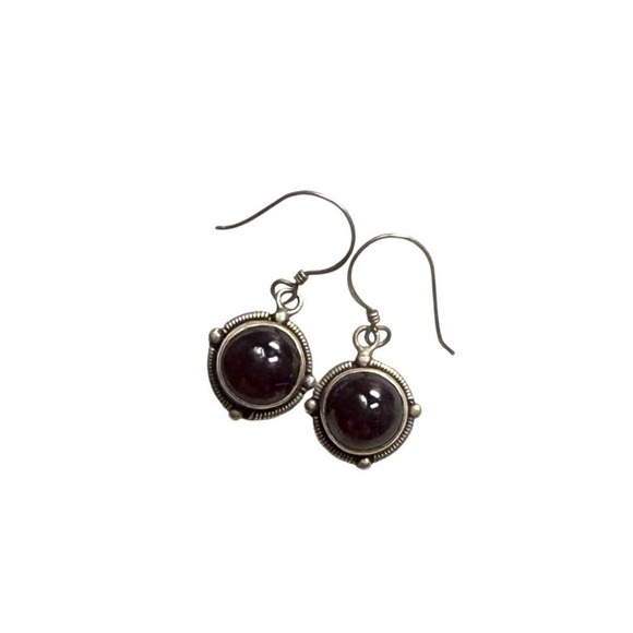Vintage 925 Sterling Silver Red Cabochon Drop Earrings Garnet Look - Picture 3 of 10
